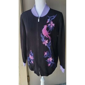 Bob Mackie Sweater Womens Medium Black Purple Pink Birds Embroidered Full Zip